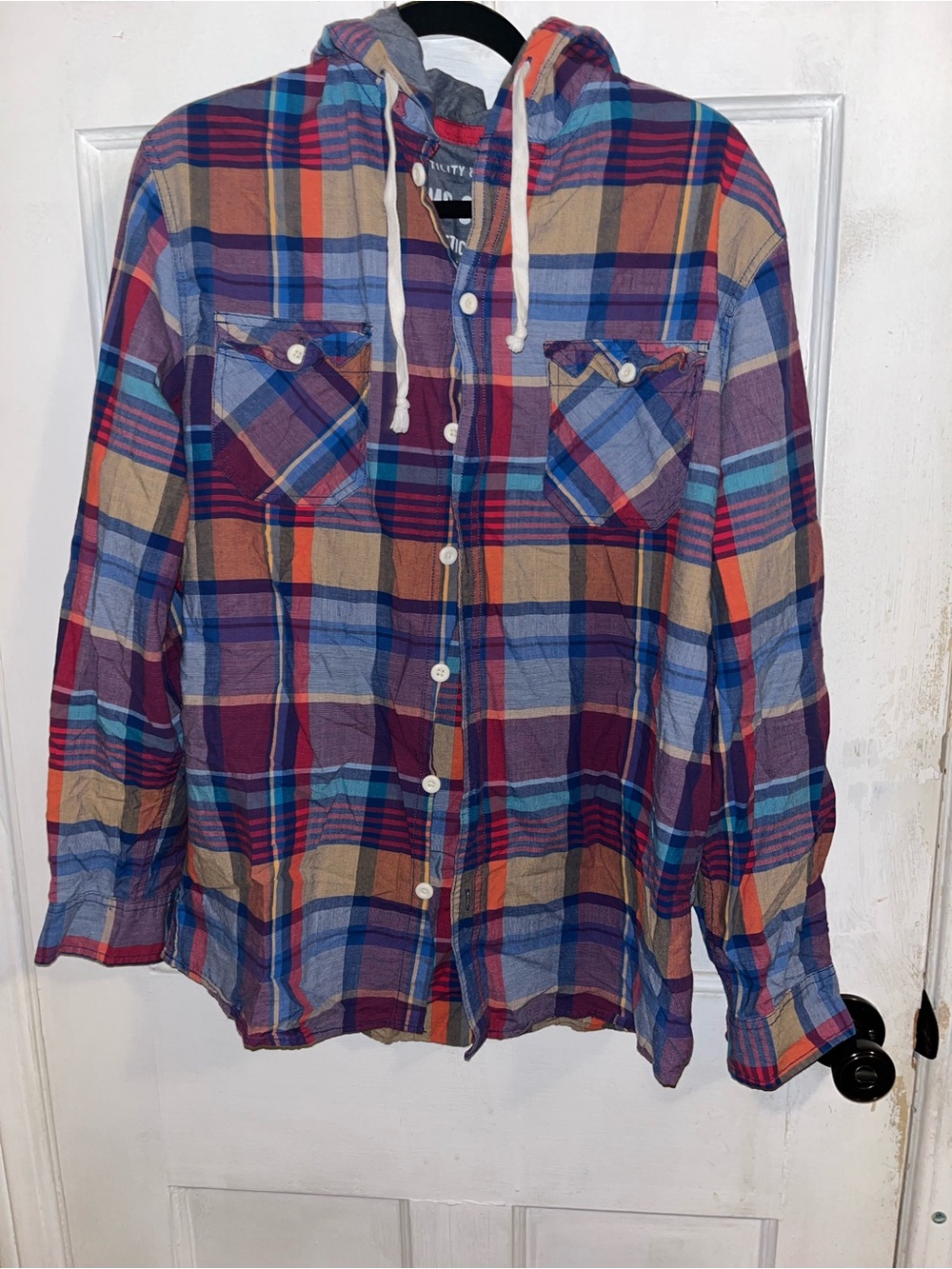 Mossimo Supply Co. Men's Plaid Hooded Button-Down Shirt - Blue, Red, Tan